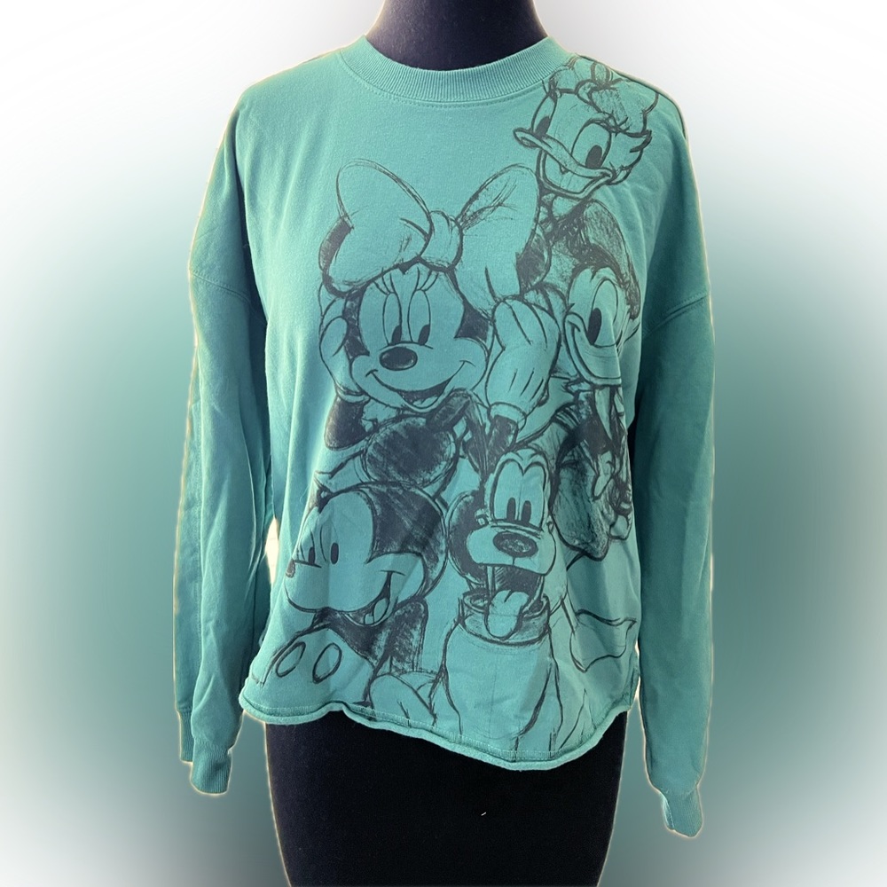 DISNEY LIKE NEW WOMEN’S MICKEY & FRIENDS CREWNECK SWEATSHIRT IN GREEN/TEAL SZ M